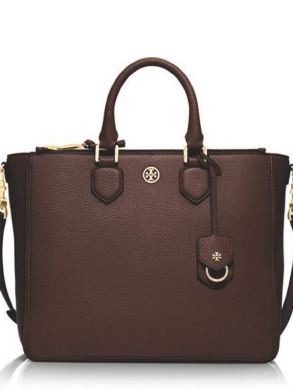 TORY BURCH Robinson Pebbled Square Tote Satchel Crossbody, Dark Brown, Like New!